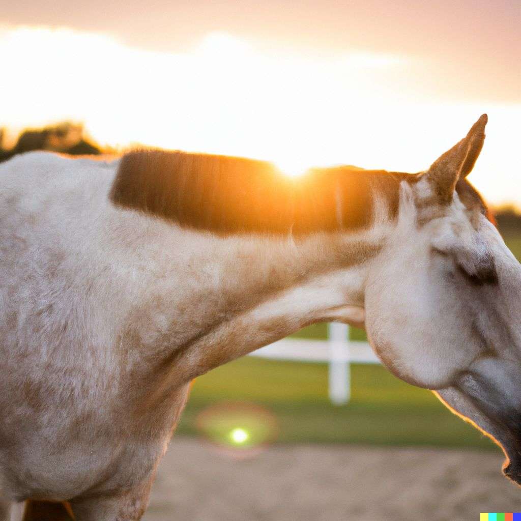 a horse, photograph, golden hour lighting